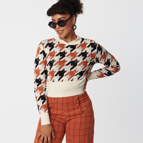 Unique Vintage Sweaters - UNIQUE VINTAGE Trendy Houndstooth Cat Sweater in Black, Orange, and Cream